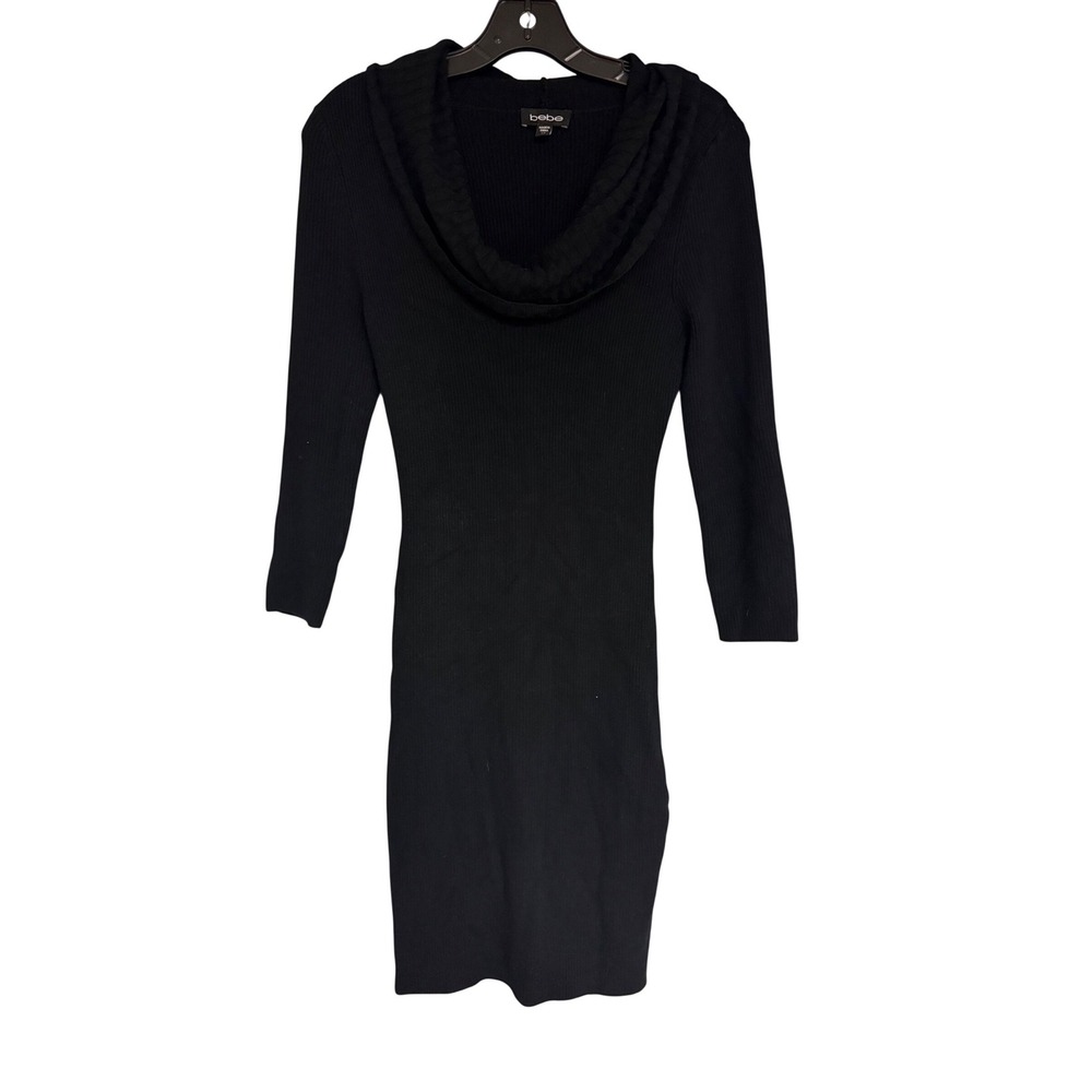 Bebe Black Ribbed Knit Cowl Neck Long Sleeve Bodycon Sweater Dress Womens XS
